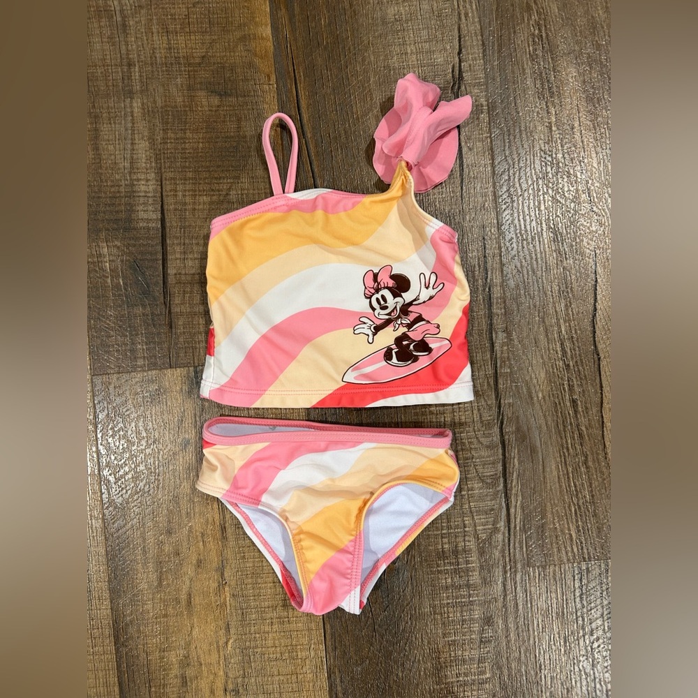 Disney Girls Pink Yellow Swirl Minnie Tankini Set